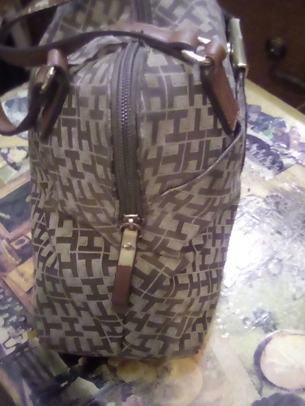 Tommy Hilfiger Brown Signature Monogram Shoulder Bag with Tricolor Stripe